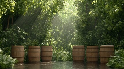 Naklejka premium Wooden barrels scattered in a lush green forest, with sunlight filtering through the trees, creating dappled shadows, photorealistic