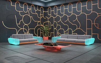 Futuristic living room with grey sofas and a glowing coffee table  perfect for modern interior design   