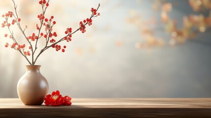 Elegant vase with cherry blossoms on a wooden table