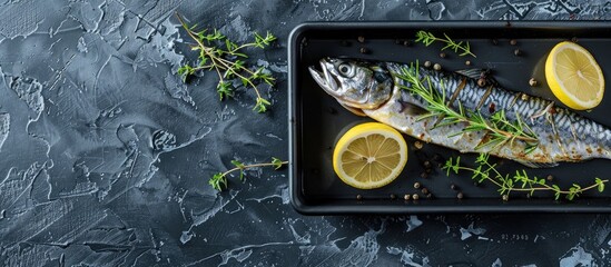 Steel tray with thyme and lemon topped baked Mackerel Scomber fish on a black background in a top view shot with copy space image