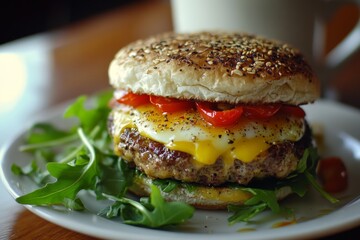 Delicious Breakfast Burger with Fluffy Eggs and Nutty Melted Cheese