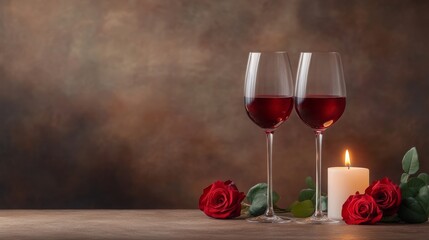 Romantic setting with wine glasses and roses