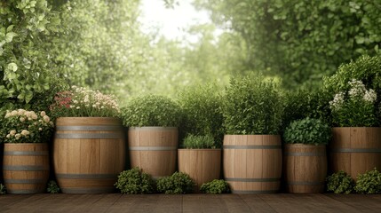 Wooden barrels creatively used as planters for vibrant flowers in a sunny garden, adding color and charm, photorealistic