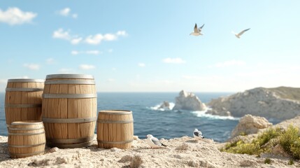 Fototapeta premium Wooden barrels positioned on a cliff overlooking the ocean, with crashing waves and seagulls in the distance, photorealistic