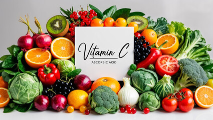 Various fresh food vegetables and fruits with the sign inscription vitamin C ascorbic acid © tanya78