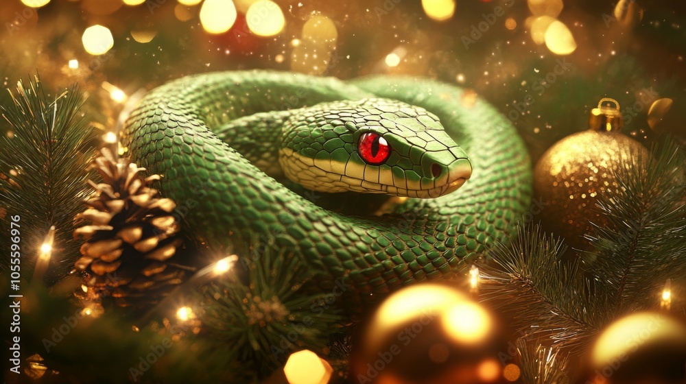 Poster a green snake with red eyes is coiled on a christmas tree. the snake is surrounded by gold ornaments
