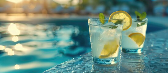 A close up copy space image of two glasses of iced lemonade with fresh mint beside a pool - Powered by Adobe