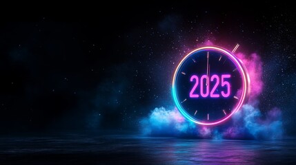 Neon clock design welcoming the year 2025