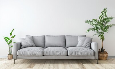 A minimalist living room interior with a gray sofa. potted plants. and a white wall