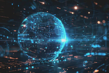 Obraz premium Glowing blue digital sphere with interconnected nodes. represents a global network.