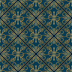 Gorgeous seamless patchwork pattern from gold tiles. Islam, Arabic, Indian, ottoman motifs. Perfect for printing on wallpaper, fabric, paper. Hand drawn gold patterns
