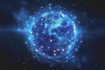Obraz premium Glowing blue digital sphere with interconnected nodes. represents a global network.