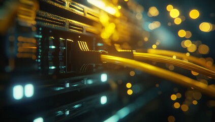 Illuminated network cables connecting to a server during data transfer in a modern technology setup at night