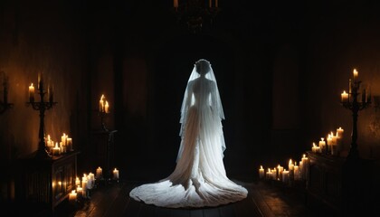 Dead bride in white gown surrounded by candles in dark, mysterious ambiance