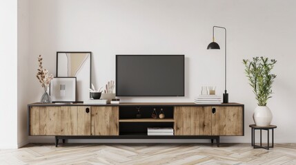 Modern living room interior with a wooden TV stand. black TV screen. and a minimalist lamp on the wall