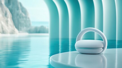 Sleek headphones rest on a smooth surface against a serene, futuristic backdrop, AI