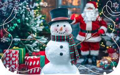White snowman with red and green scarf  Santa Claus  Christmas celebration  winter wonderland   