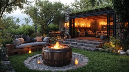 A wooden barrel placed near a cozy fire, surrounded by seating for an intimate gathering, photorealistic