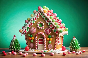Gingerbread house with colorful candies on green background