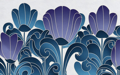 Blue and Purple Art Deco Floral Pattern for Vintage Design Projects  