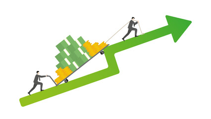 Business people drag a trolley full of cash on green arrow rising, teamwork in business growth, income strategy, financial gain, economic wealth, revenue goal, and attempt investment in a market