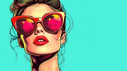 Vibrant pop art woman with colorful sunglasses and bold lipstick, showcasing retro glamour and modern style on a turquoise background.