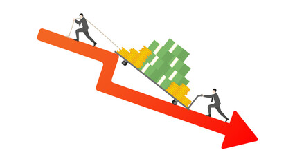Business people drag a trolley full of cash on red arrow down, teamwork in business growth, income strategy, financial gain, economic wealth, revenue goal, and attempt investment in a market