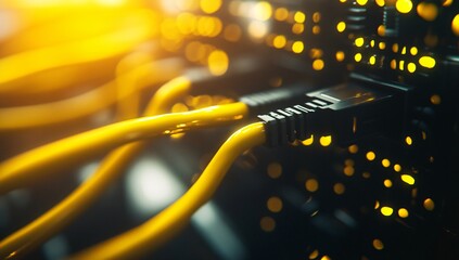 Illuminated network cables connecting to a server during data transfer in a modern technology setup at night