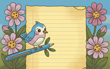 Cute blue bird on a pen and flowers  pastel pink and yellow  springtime nature illustration   