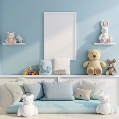 A light blue nursery room with a large white picture frame. a blue futon with pillows. and stuffed animals on the shelves