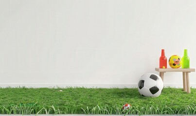 A white wall with a patch of green grass in front of it. a soccer ball sits on the grass There is a small wooden stool with a red and yellow bottle on it