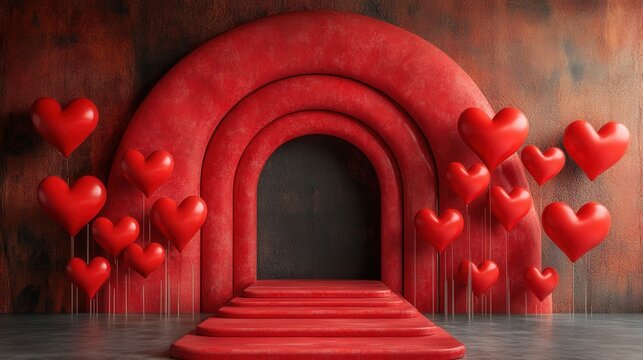 A series of large red arches stands at the entrance, surrounded by numerous heart-shaped balloons. The atmosphere is warm and inviting, perfect for a romantic celebration or decoration for special occ