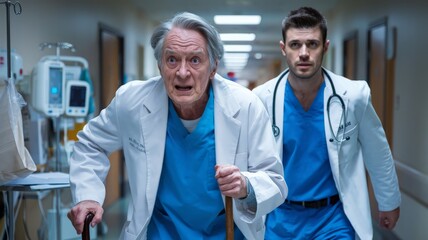 Obraz premium Senior doctor and young colleague rushing through hospital hallway