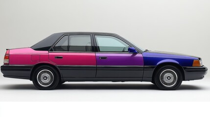 Black car with pink and purple paint.