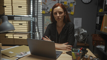 A focused redhead woman detective analyzes evidence in a cluttered police station office with a laptop and board.