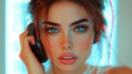 The young woman, characterized by her captivating blue eyes and radiant skin, is absorbed in music as she attentively adjusts her headphones. The setting is bright and modern, enhancing her focused ex