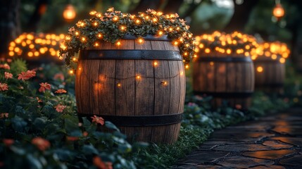 Wooden barrels decorated with twinkling fairy lights in a night garden, creating a magical atmosphere, photorealistic