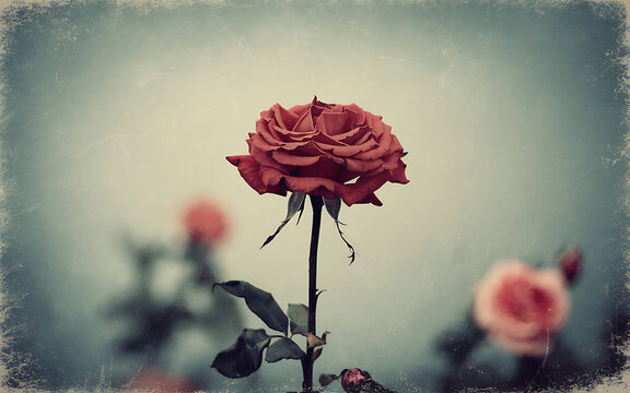 Vintage Red Rose with Green Leaves on a Blue Background  Romance and Nostalgia  Perfect for Valentine s Day or Wedding Invitations   