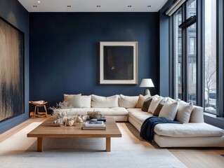 Navy walls, light wooden floors, and plush neutral furniture in a minimalist winter living room, offering a modern and warm retreat