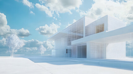 Modern house architectural design with blue sky, clouds, and wireframe 3D render   -