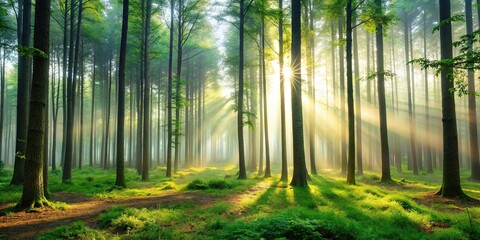 A serene forest with a misty morning atmosphere and tall trees stretching towards the sky, nature background, forest