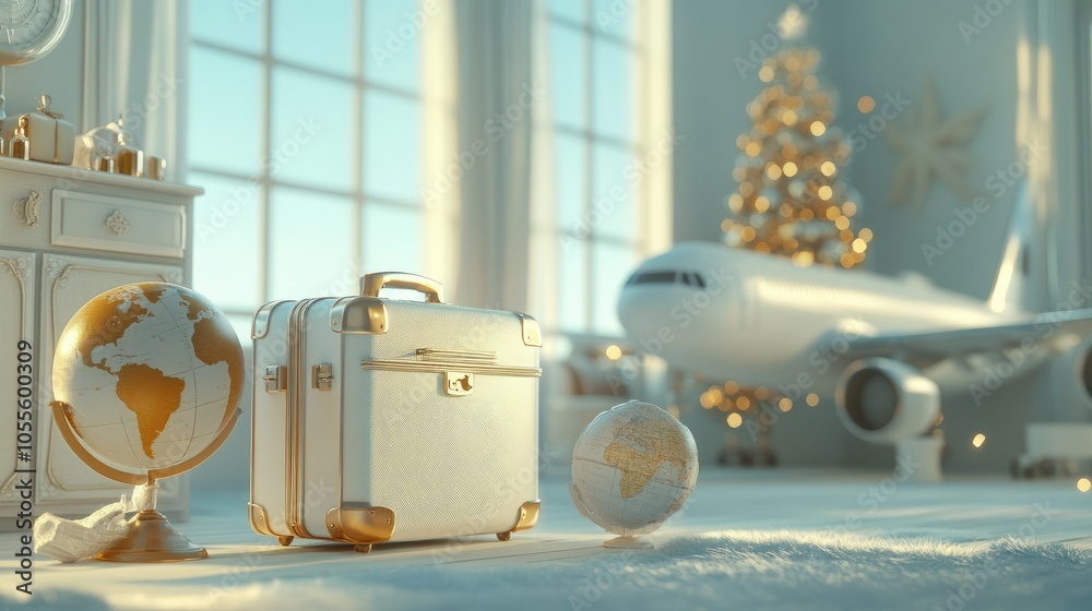 Poster 3d rendering of a holiday scene with a suitcase, globe, and airplane on a light background, evoking 