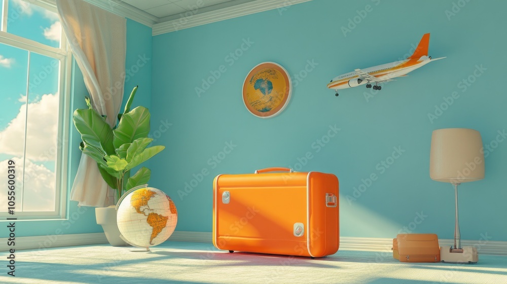 Poster 3d rendering of a holiday scene with a suitcase, globe, and airplane on a light background, evoking 