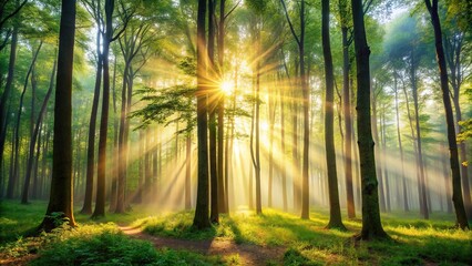 Obraz premium A serene forest with towering trees, gentle mist, and a warm sun peeking through the leaves., landscape, organic, outdoors