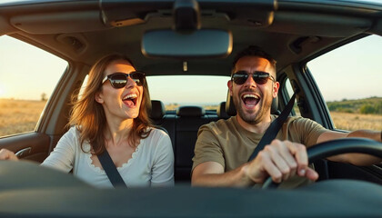 Excited playful European couple in sunglasses driving luxury car, enjoying music, singing and smiling, spouses going on vacation, windshield view
