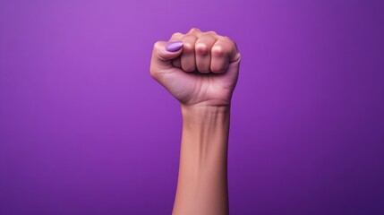 Purple fist raised in support of women s rights symbolizing empowerment independence and activism for the feminist movement on International Women s Day