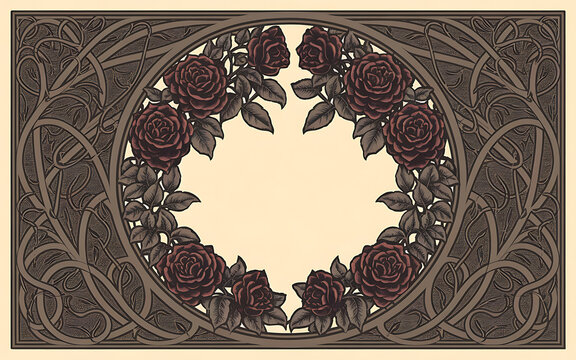Ornate brown frame with red roses  vintage style  romantic and elegant  perfect for wedding invitations   