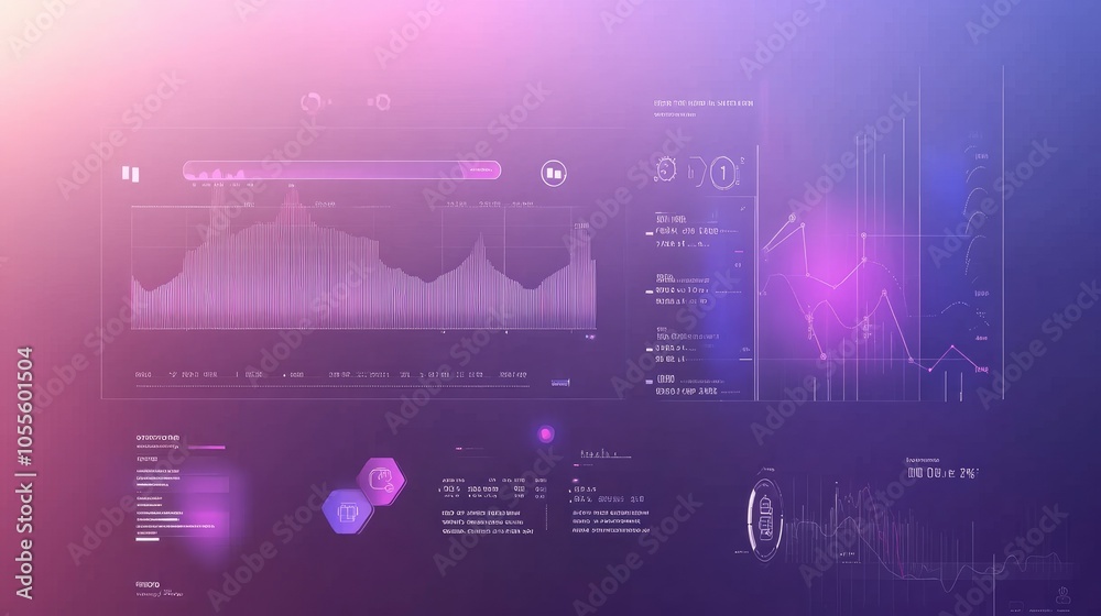Poster data analytics interface with charts, icons, timeline over a blurred gradient, perfect for business 