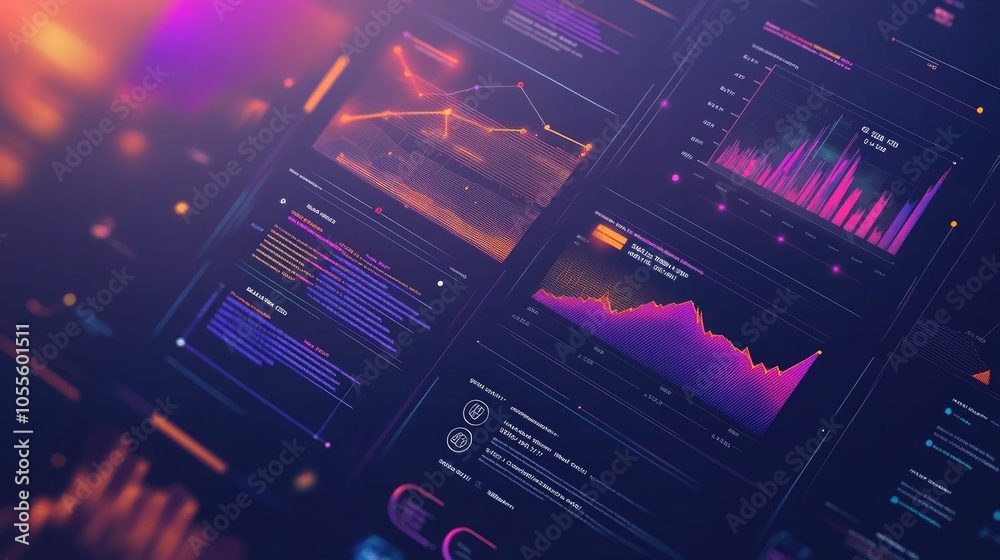 Poster data analytics interface with charts, icons, timeline over a blurred gradient, perfect for business 