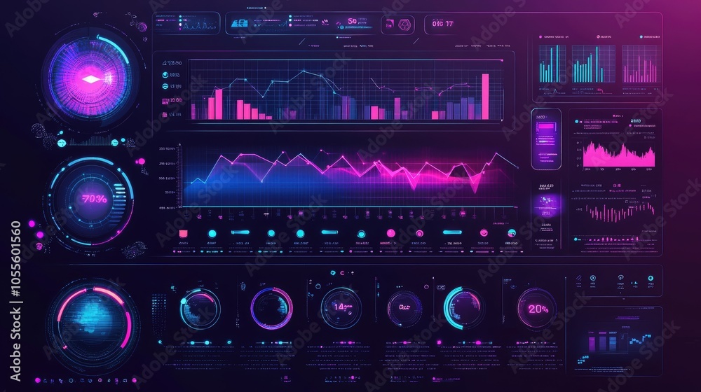 Poster data analytics interface with charts, icons, timeline over a blurred gradient, perfect for business 